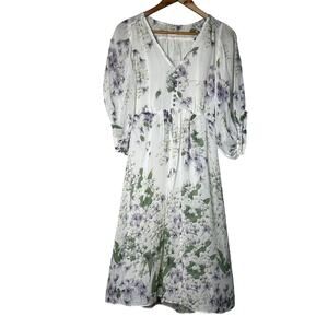 Whistles Dress Size 4 100% Silk Floral Polyester Midi Lined Coquette Cottagecore